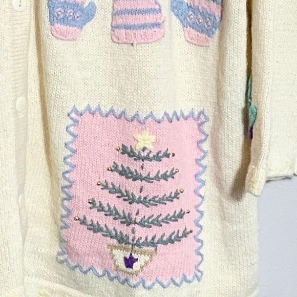 Quacker Factory 1X Ivory Embroidered Cardigan Sweater Embellished Mittens Angel - Picture 6 of 13